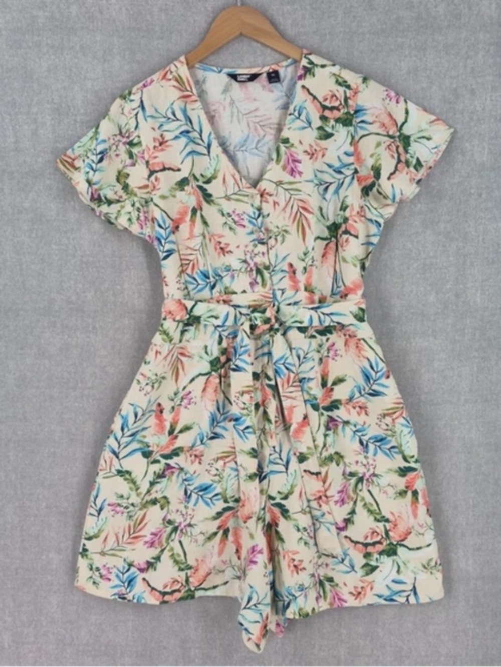 Lands' End Flutter Sleeve 100% Linen V-Neck Romper Floral Palm Print Size 8 EUC